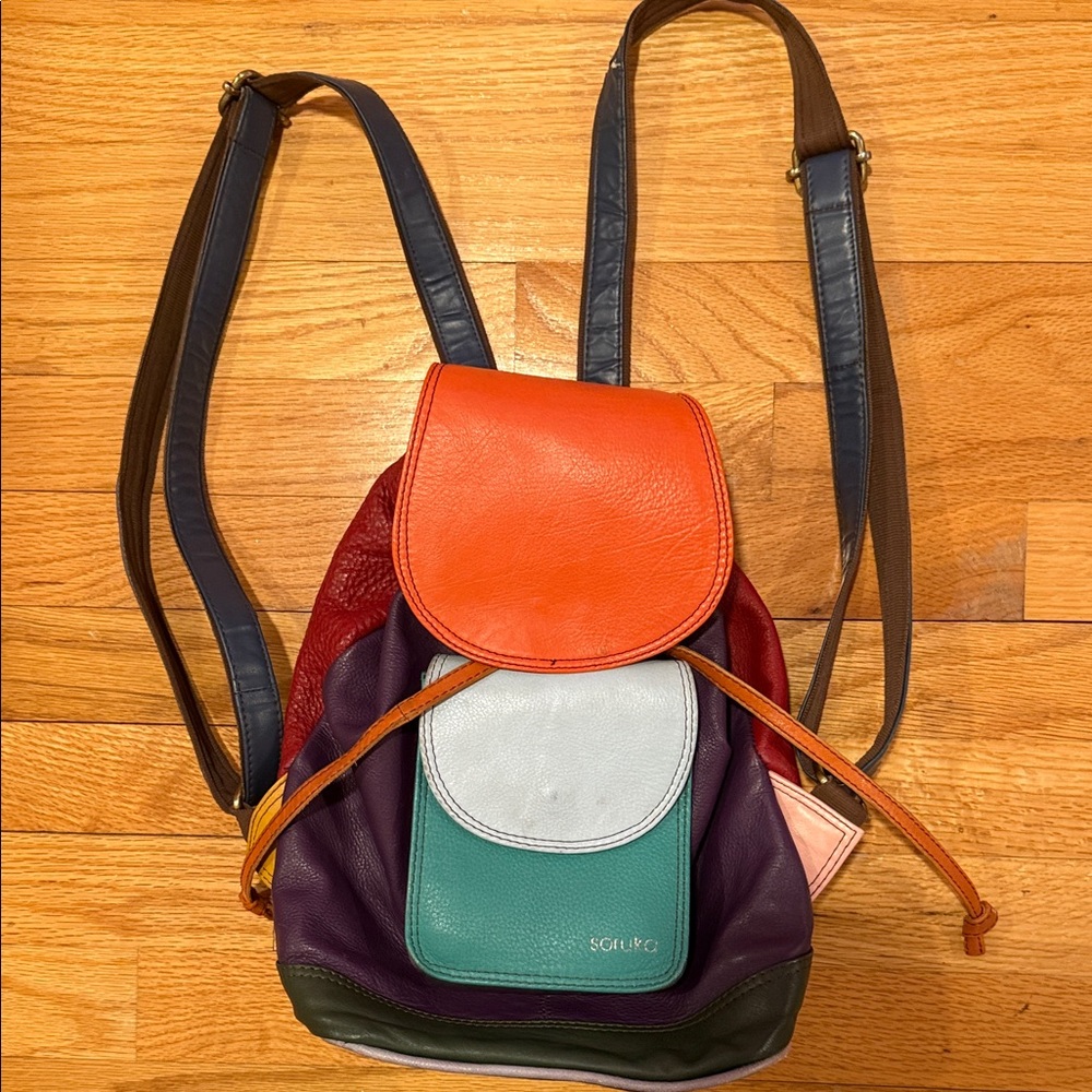 Soruka Colorblock Leather Mini Backpack in Orange, Red & Purple Adjustable